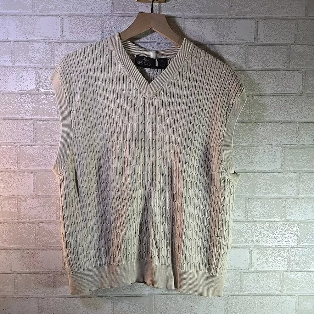Antigua Men's Ivory/ Light Beige Silk and Cotton Cable Knit Vest V-Neck Size XL
